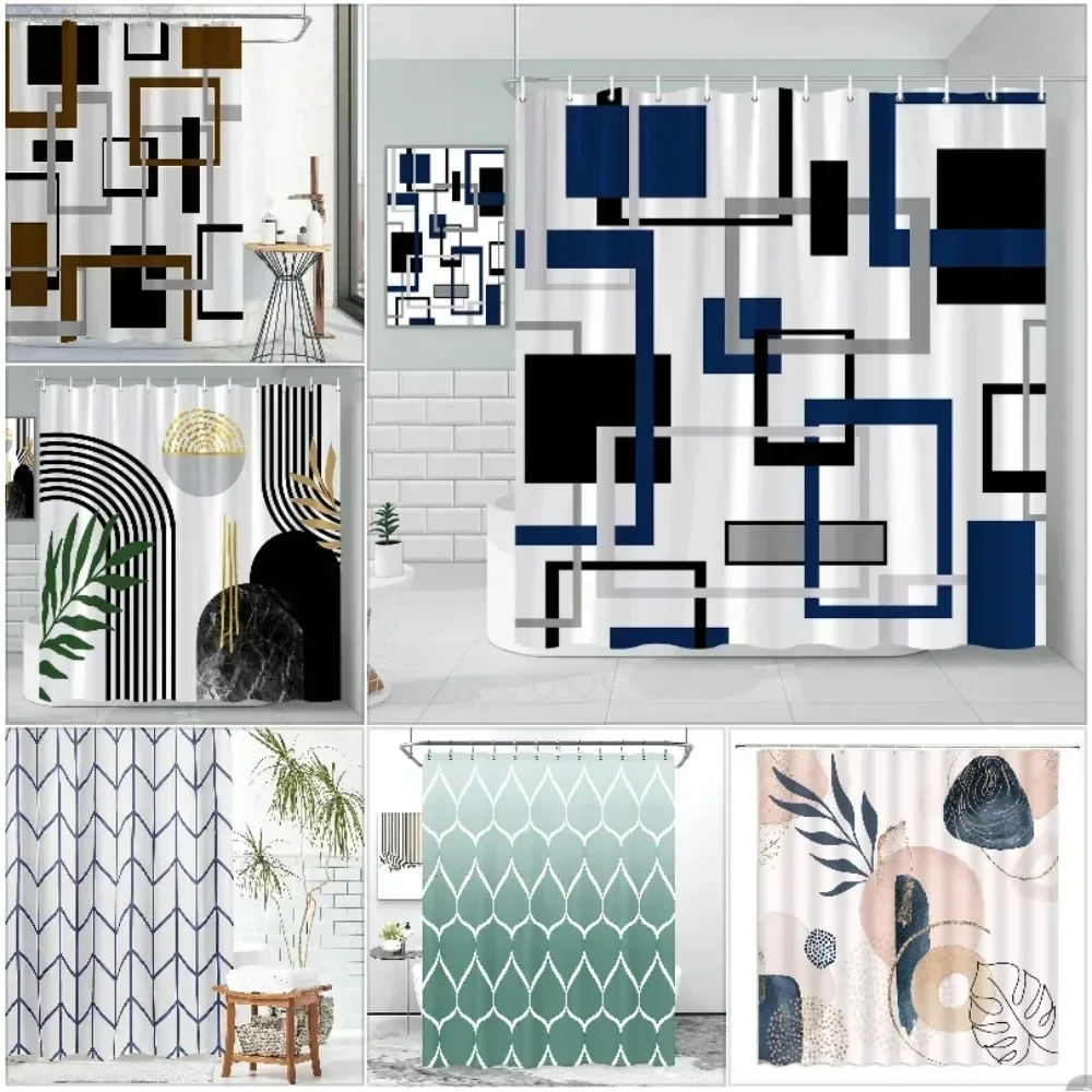 Fabric Geometric Shower Curtain, Mid-Century Modern Geometric  Herringbone Chevron Blue Black Gray Square Bathroom Decoration