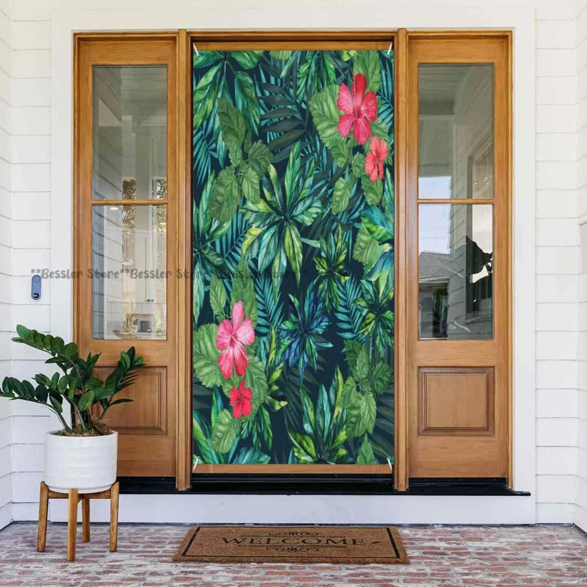 Couplet Party Porch Decoration Hibiscus Flowers And Palm Leaves On Dark Blue Door Cover Banner Hanging Flag Home Decor