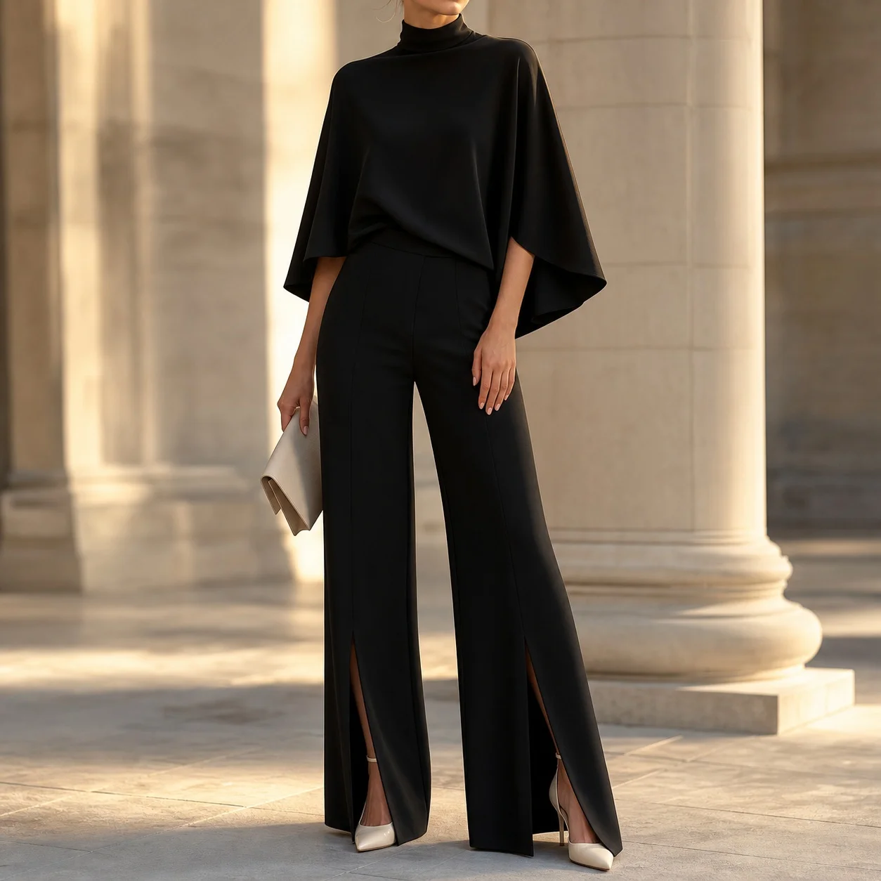 Women's Elegant Solid Color Knit 2-Piece Pants Set Long Three Quarter Sleeve Open Front Slit Office Matching Sets Woman Pocket