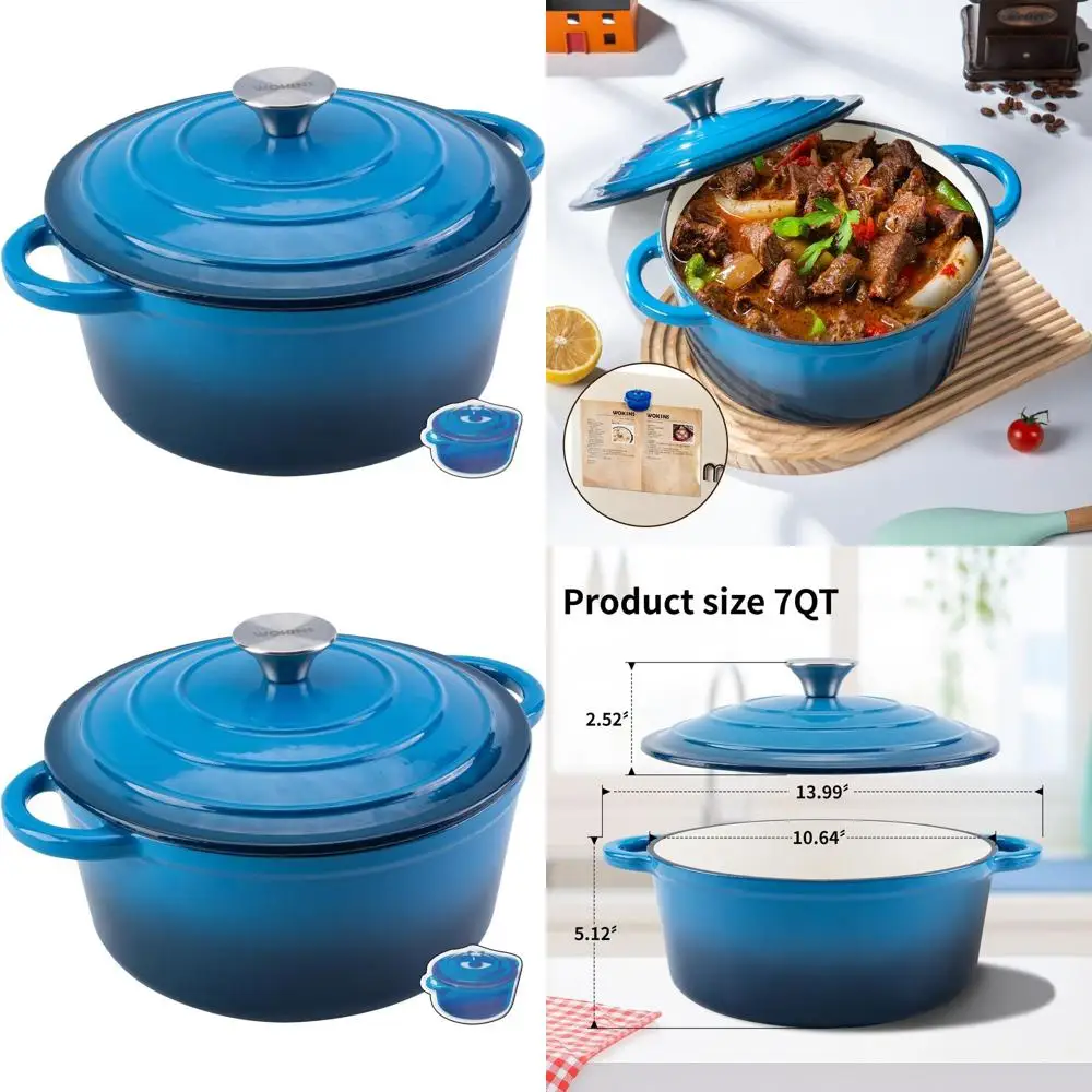 

Blue 7-Quart Enamel Cast Iron Dutch Oven with Lid - Heavy-Duty Cookware for Baking, Braising, Stews, and Roasting, Oven Safe to