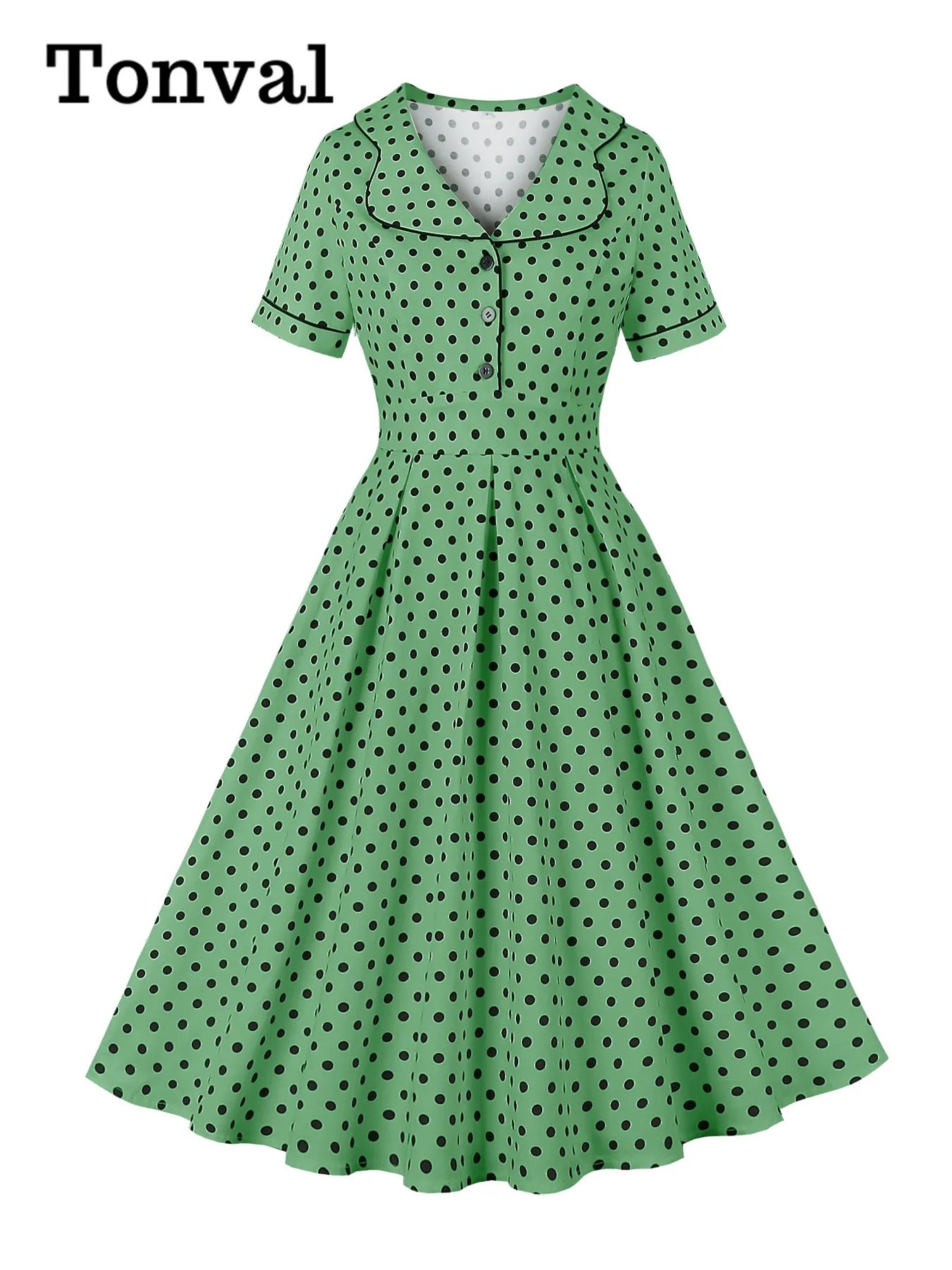 

Tonval Women Long Dresses Turn Down Collar Buttons Front 40s 50s High Waist Polka Dot Print Summer Pleated Vintage Dress