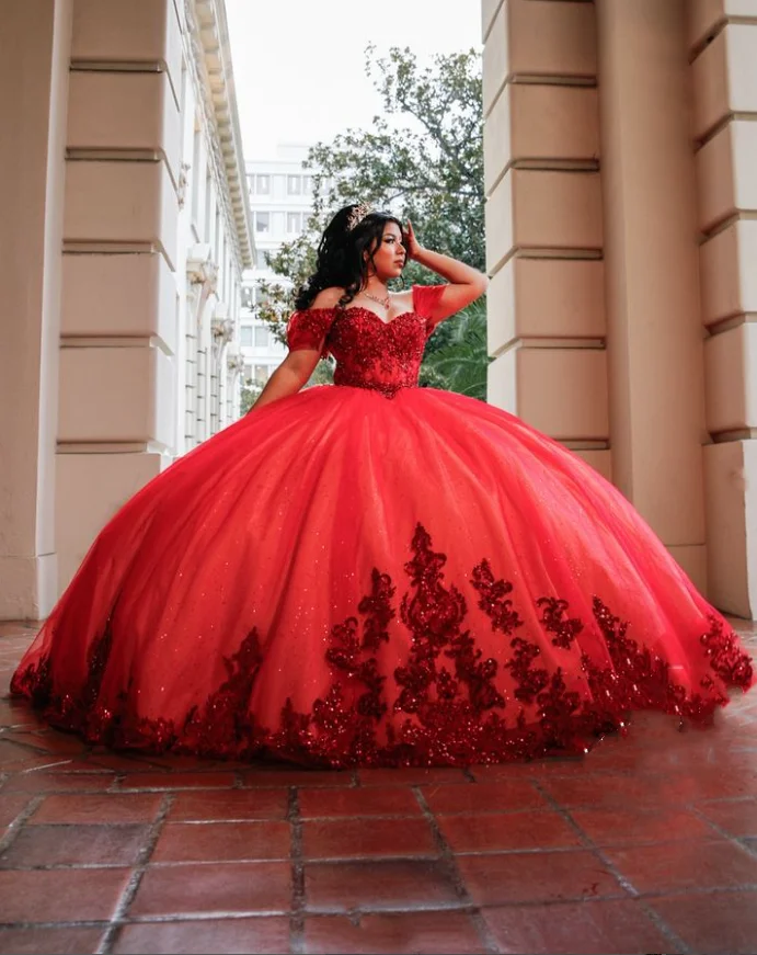 Customized  Red Sexy Strapless Prom Dresses 15 Formal Occasion Quinceanera Dress Beaded Applique Graduation Gowns