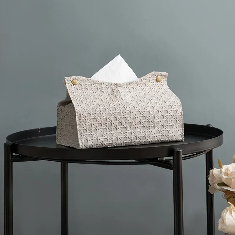 

PU Leather Tissue Box Household Living Room Tea Table Rattan Tissue Box Case Kitchen Desktop Nordic Napkin Holder Storage Box