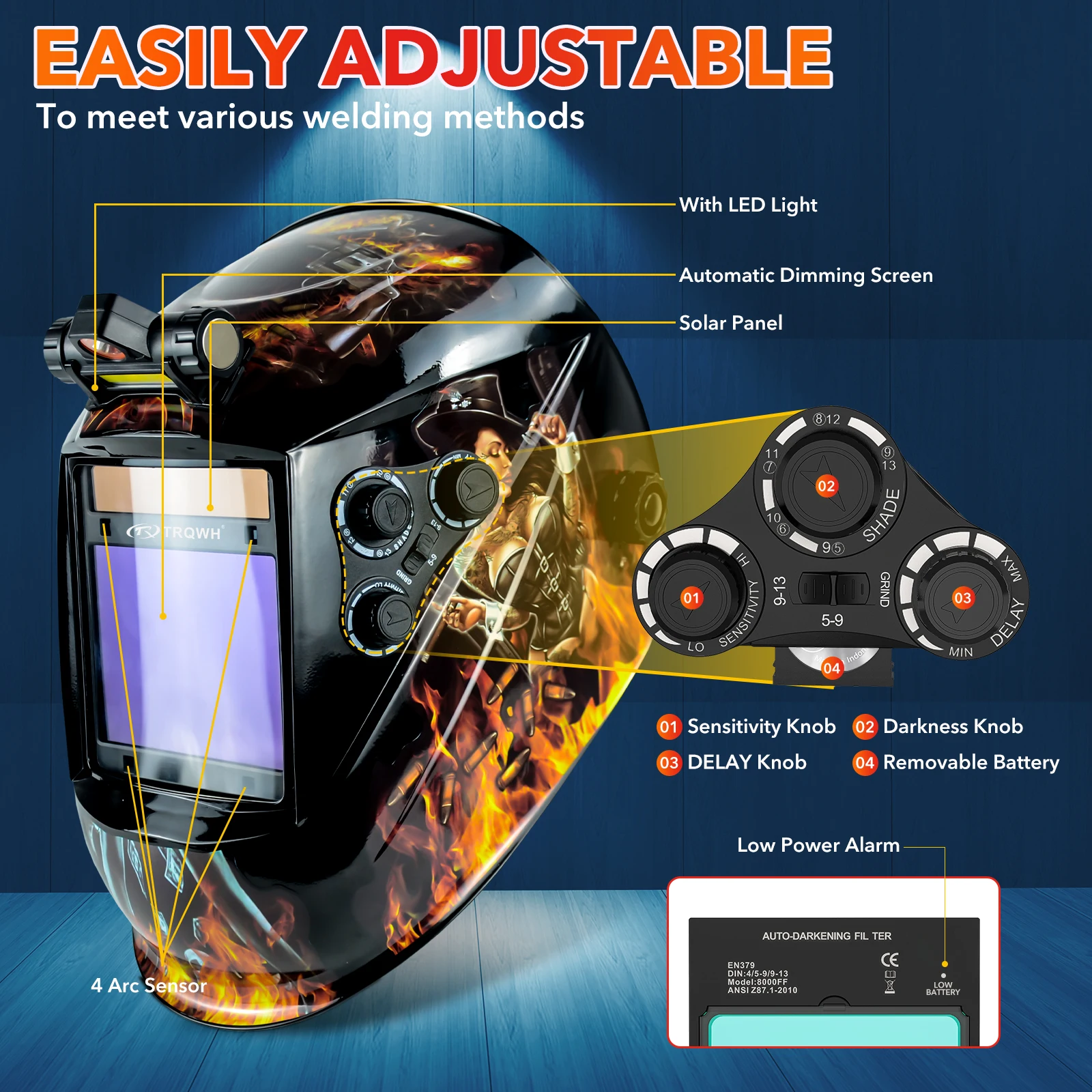 Welding Helmet Auto Darkening with LED Light Solar Powered True Color 4 Arc Sensor Wide Shade 4/5-9/9-13 with Grinding