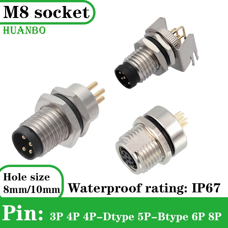 

M8 curved pin straight pin socket, 3-core, 4-pin, 5-pin, 6-hole, 8-core waterproof IP67/68 soldered PCB connector