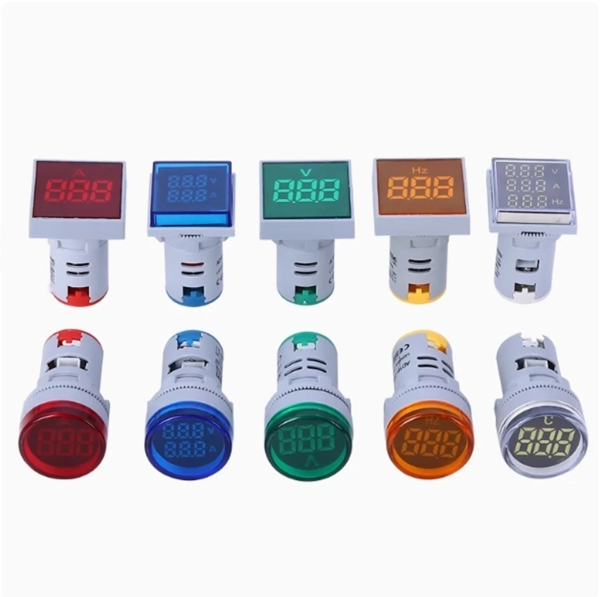 Mini LED Digital Voltmeter Ammeter Thermometer Hertz Meter - Multi Data Display with Power/Signal Lights (Square/Circular)