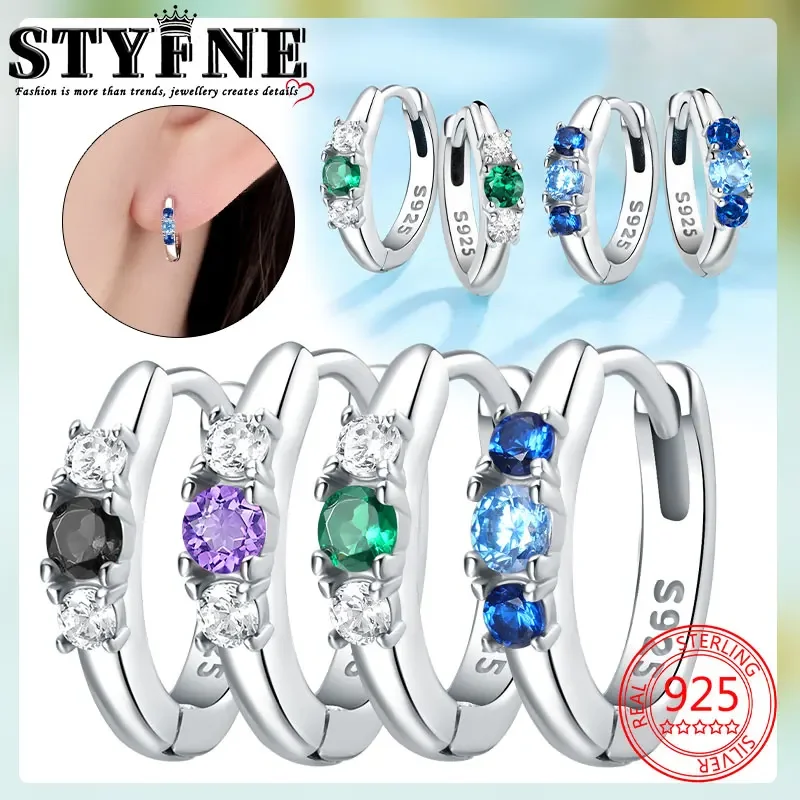 Hot Sale Lucky Color Earrings For Girl Black Purple Green Blue Simple Stones S925 Hoop Earrings Birthday Gift Silver Jewelry 반지