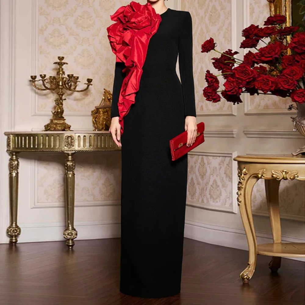 

Customized Black Straight Evening Dresses Floor-length O-neck Full Sleeve Prom Gown Simple Fashion Ruched Casual Party Gown
