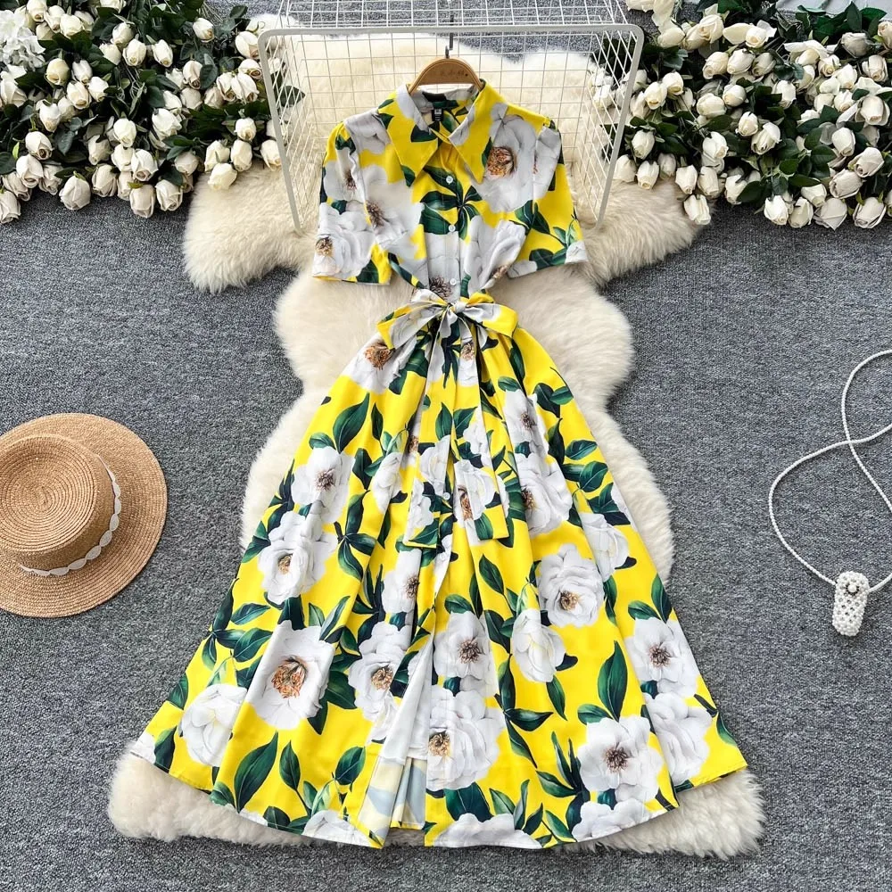 

Yellow Floral Printed Lace-up Dress Women Short Sleeve Streetwear Vintage Clothing Lady Runway Design Party Vestidos Bodycon