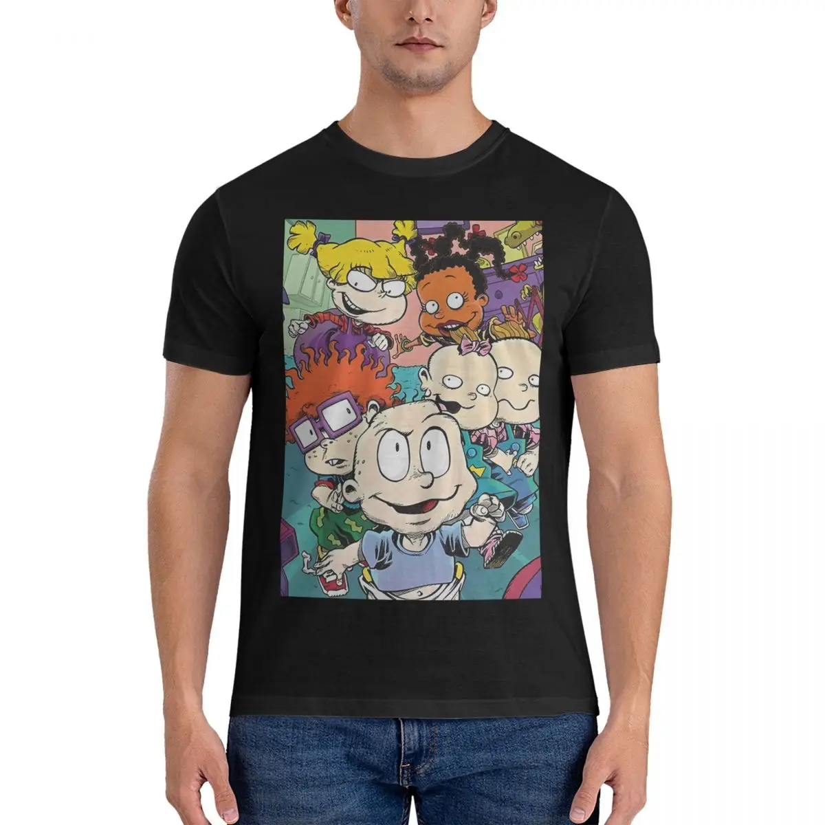 男性用の面白い漫画Tシャツ,綿100%,ラウンドネック,フリル付き,半袖の服,4xl,5xl