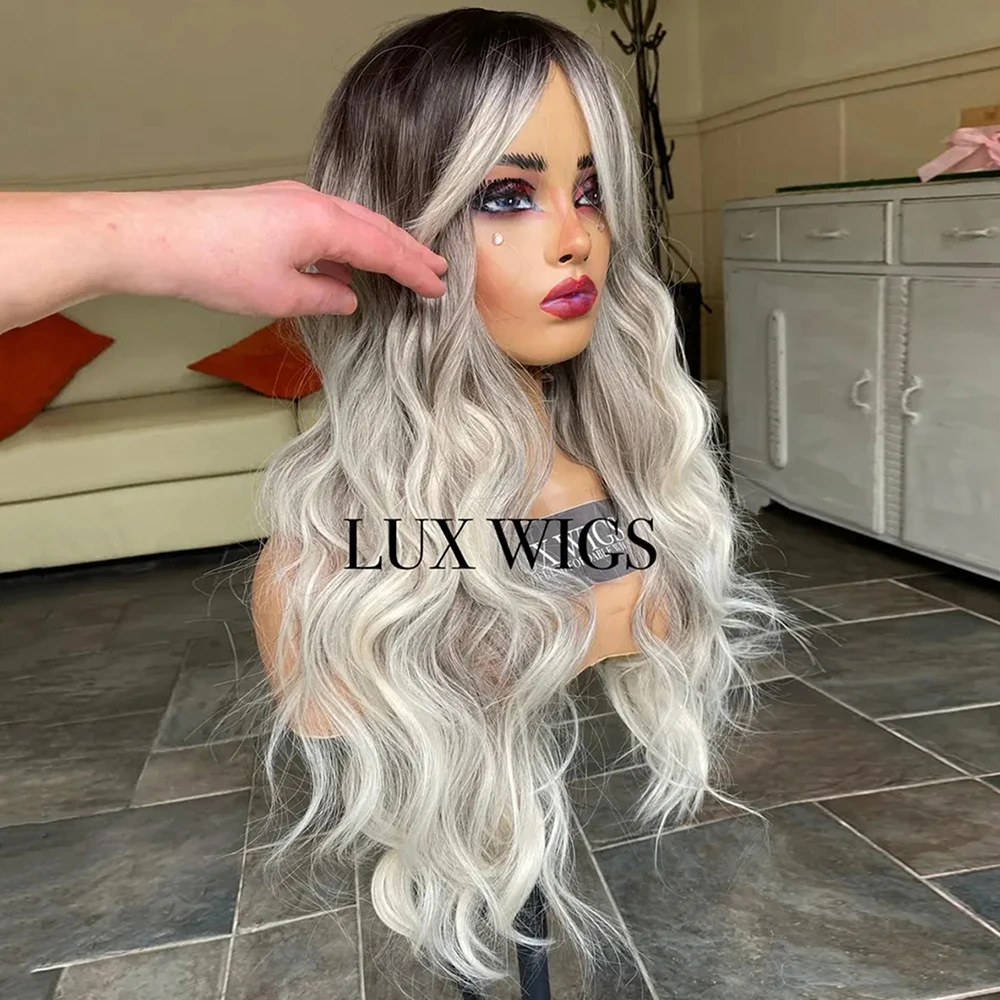 

Balayage Пепельно-русый парик с бахромой и пятнистыми корнями Парик из синтетического кружева с челкой и темными корнями 28-дюймовый повседневный парик из натурального волокна