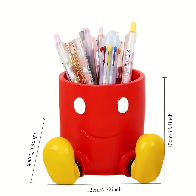 Tube de rangement de bureau en plastique, dessin animé, boîte de rangement pour brosse de maquillage et brosse à dents, décorations classiques rouges et jaunes