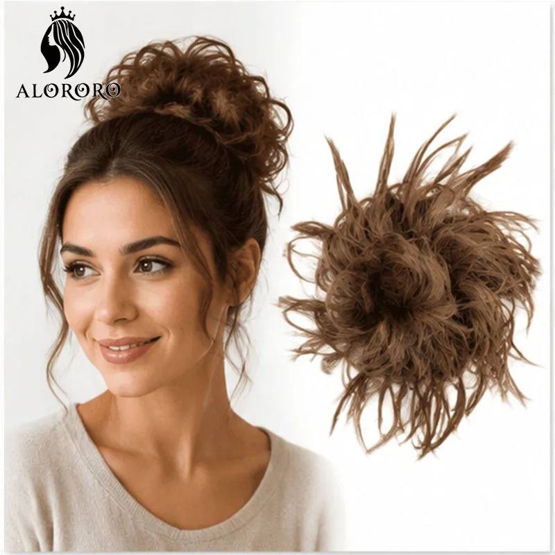 Messy Bun Haarverlängerung, gelocktes Haargummi-Haarteil für Frauen, natürliches, flauschiges Volumen, Pferdeschwanz, Hochsteckfrisur, Boho-Accessoire für den Alltag. – Detail 1