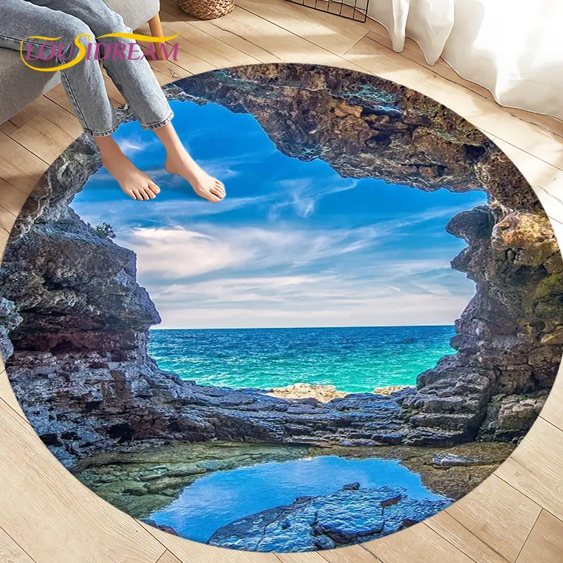 Cobblestone Beach Sand Ocean View Area Rug,Round Carpet Rug for Living Room Bedroom Chair Decoration Soft Anti-slip Floor Mat