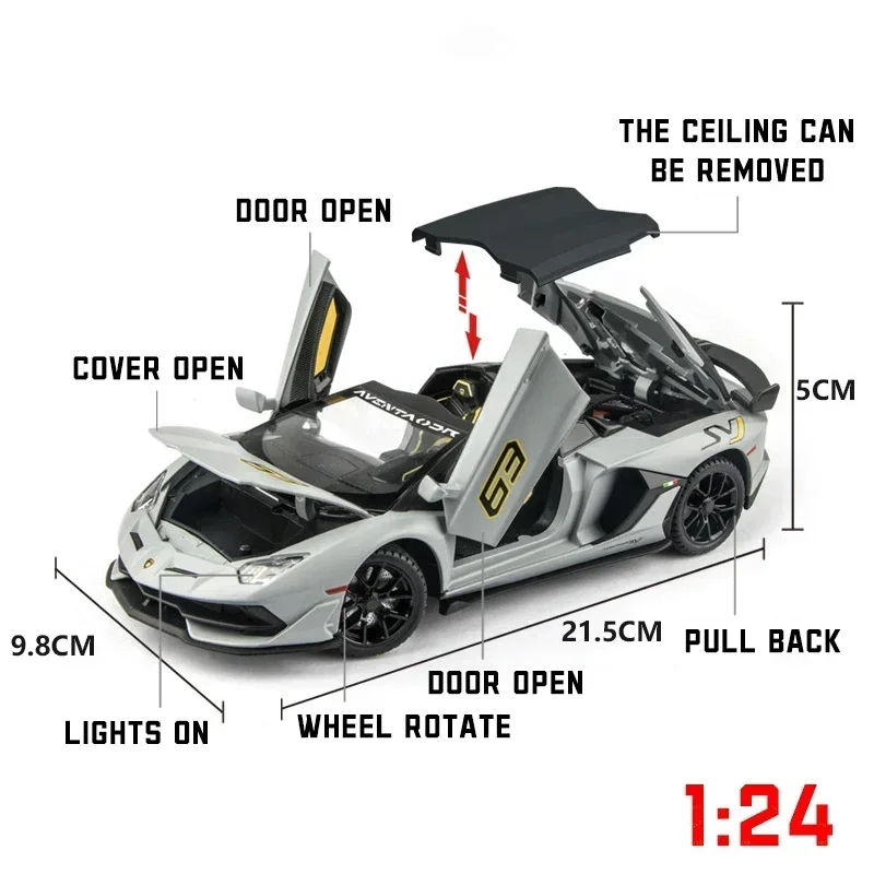 1:24 Lamborghini Aventador SVJ 63 Alloy Car Model Diecast Car Sound Light Car Lovers Collection Kids Birthday Gift Boys Toys