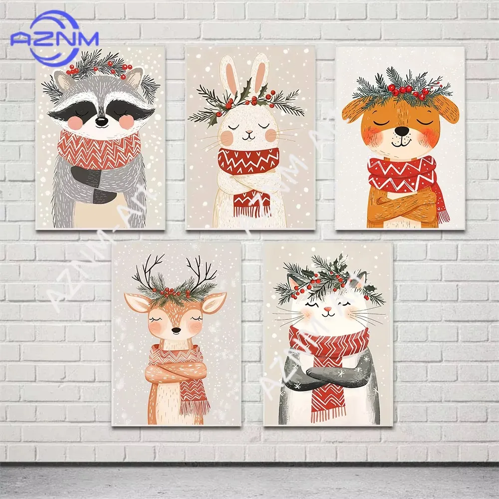 1pc Christmas Animals Posters Reindeer Bunny Hedgehog Modern Prints Canvas Painting Wall Art Pictures Home Room Decor