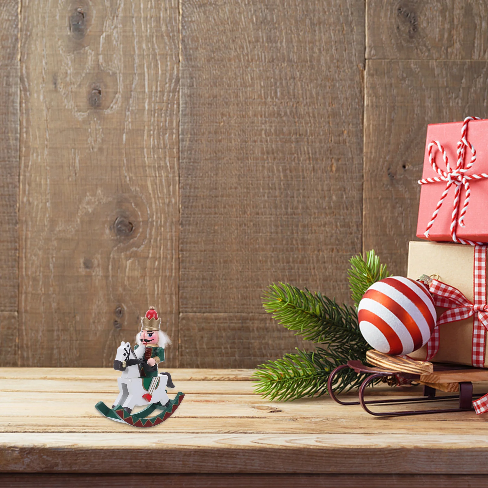 

Festive Wooden Nutcracker with Rocking Horse - Small Christmas Statuette for Indoor Decor Mantel Shelf Tabletop Holiday Display