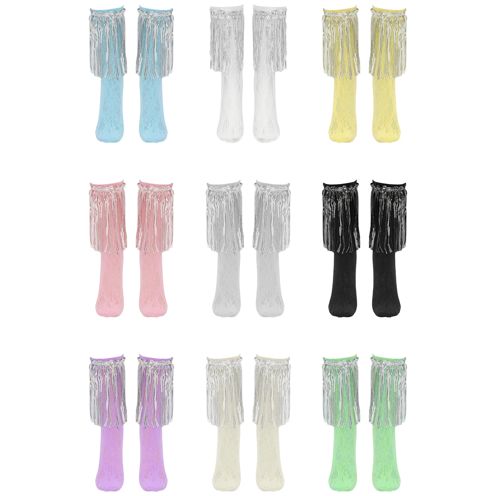 

1 пара блестящих носков с кисточками и блестками, женские однотонные носки средней длины в стиле ретро, ажурные узоры, украшенные чулки, аксессуары для костюмов