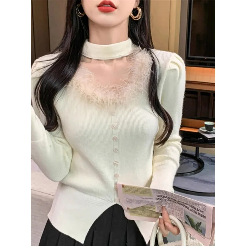 Halter Hollow Out Sweater Women's Spring 2025 New Solid Color Irregular Inside Slim Fit Knitted Long Sleeve Cardigan Top