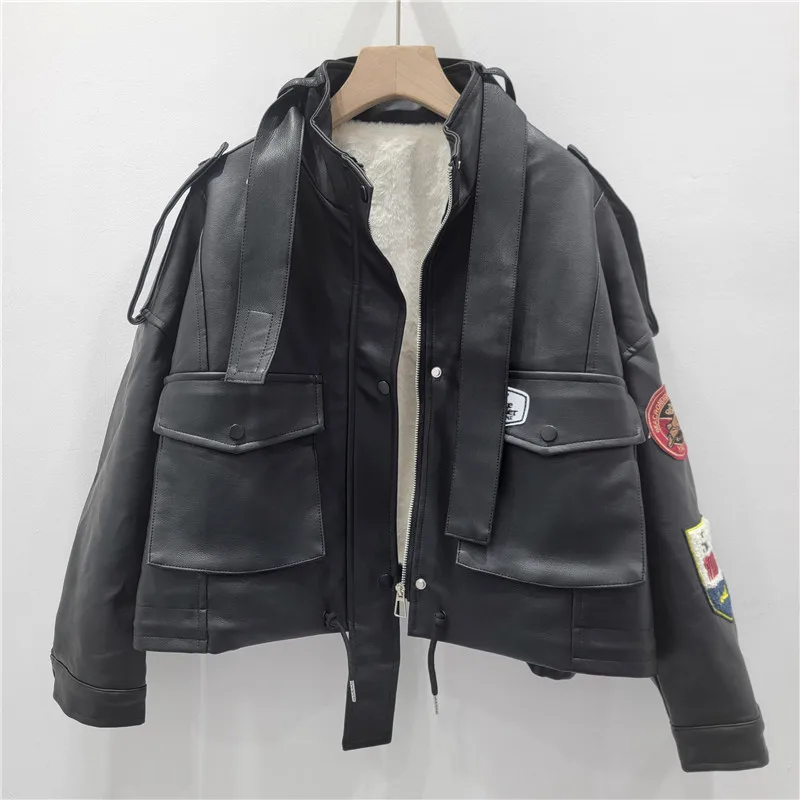

PU Leather Coats Women Short Jacket Zipper Pocket Lace Up Long Sleeve Stand Collar Thick Loose Fit Casual Streetwear 2025 Winter