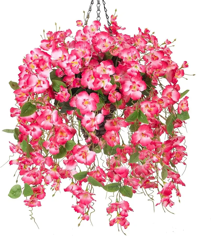 

Artificial Faux Hanging Flowers Plant Baskets for Outdoors Decoration, Fake Hibiscus UV Resistance Realistic Silk Flower for Out