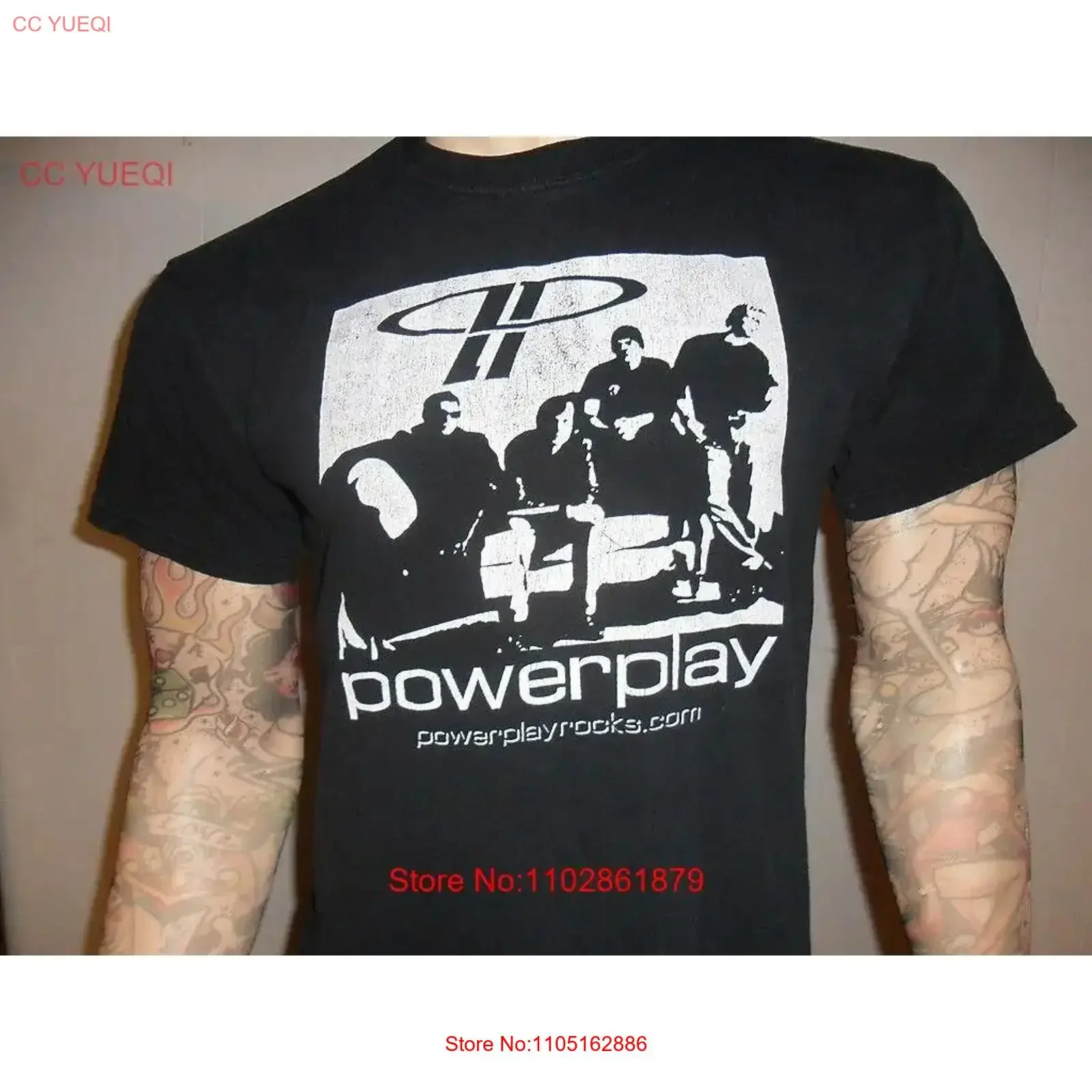 تي شيرت POWERPLAY BAND T SHIRT Rock Concert Tour أسود مجاني USA شحن متوسط عتيق مغسول ملابس غير رسمية مصممة أوم ممتدة #1