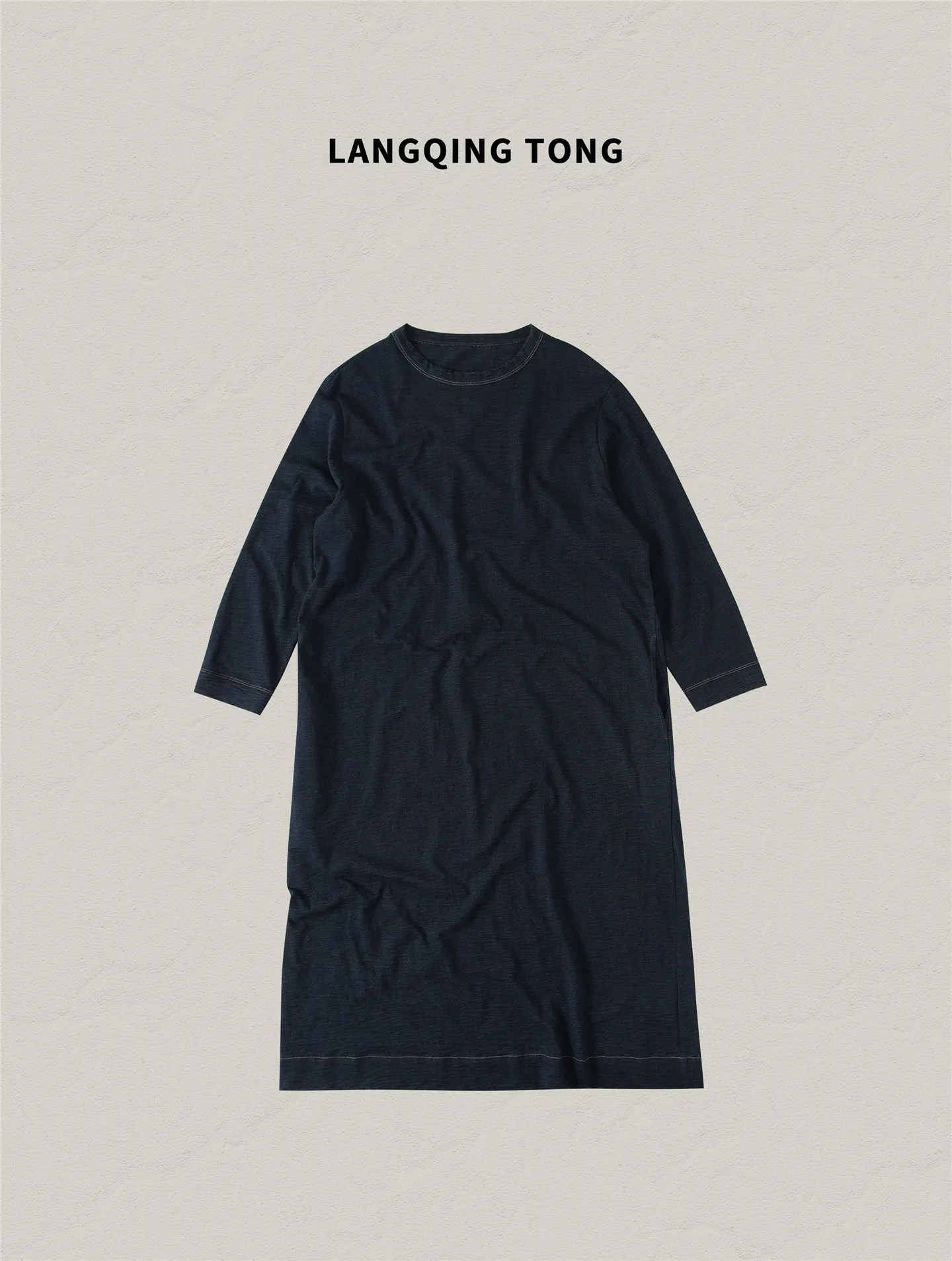 

Pure Cotton Long Sve T-irt Dr Autumn Women's Sle New Small Size Indigo Color Midi Skirt Casual Wear round Ne Loos...