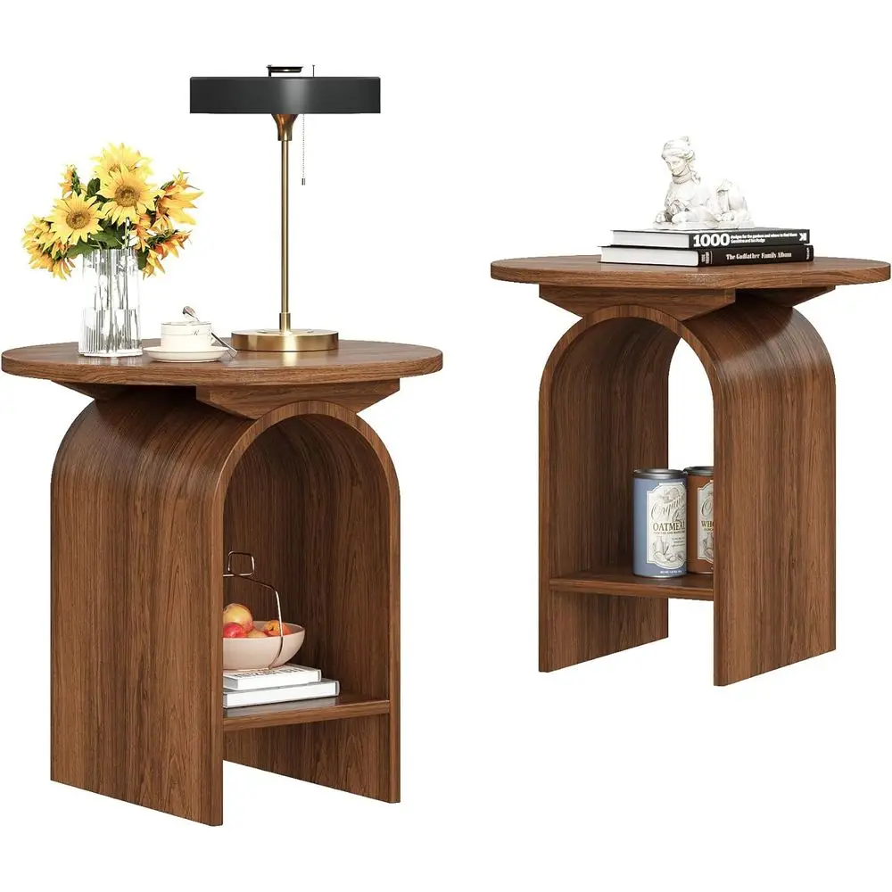 

Pair of Modern Walnut Round Coffee Tables with 2-Tier Storage for Living Room and Office