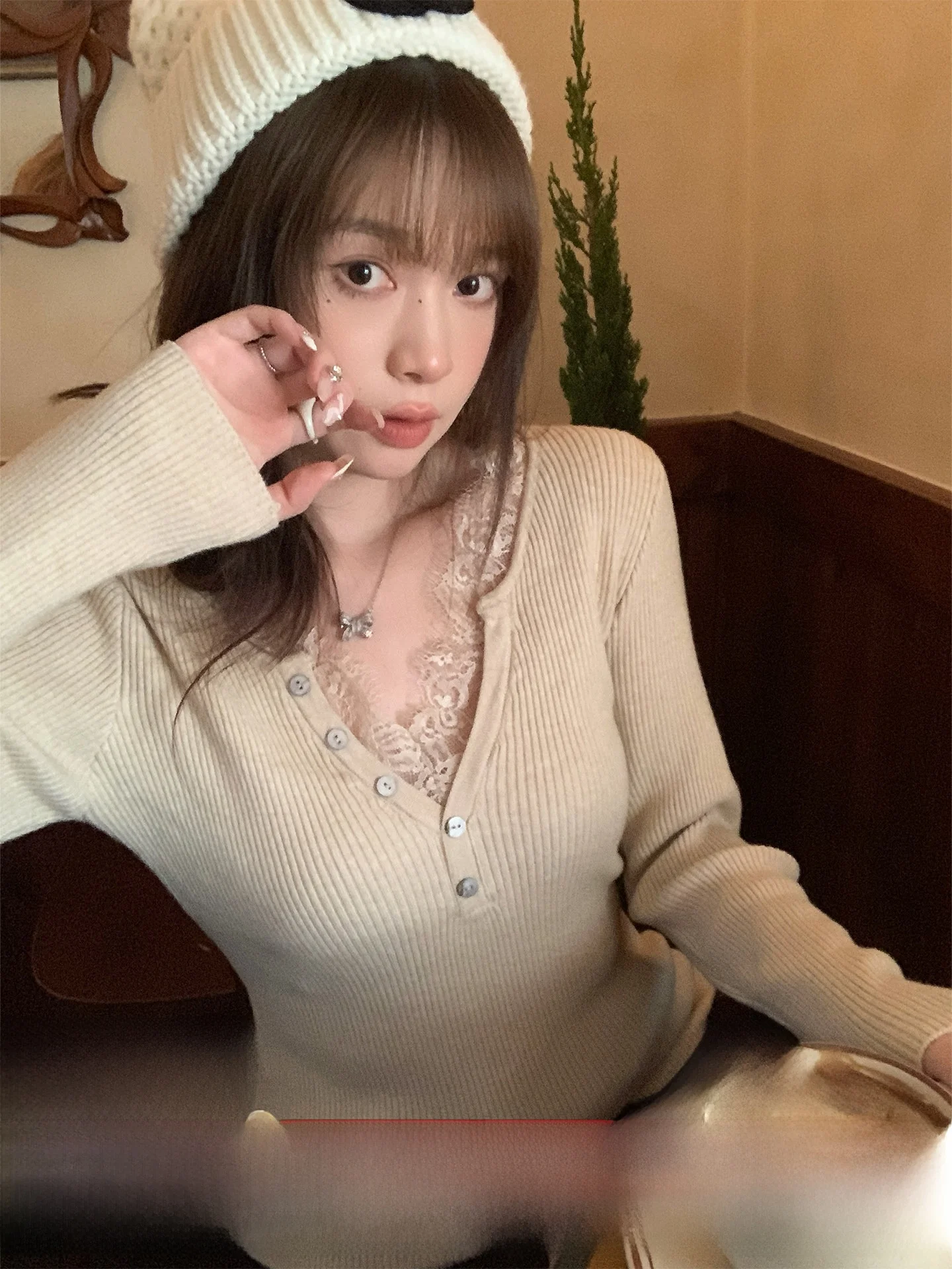 

Su San San Women's V-Ne Knitted Sweater Lace Base Layer irt Korean Sle Long Sve Fine Gauge Knitwear for Commuting