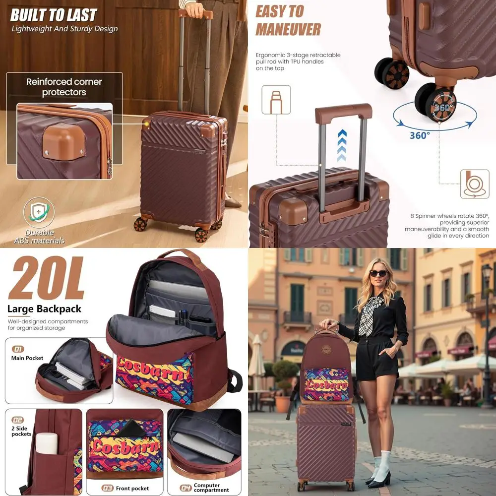 

20-дюймовый комплект ручной клади с твердой поверхностью, одобренный TSA, с колесами, легкие чемоданы из АБС-пластика, бордовый