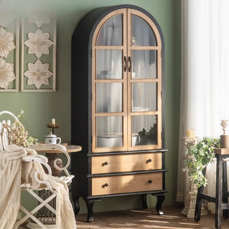 

French solid wood black dining room cupboard, household kitchen storage cabinet, arched wrought iron living room decoration