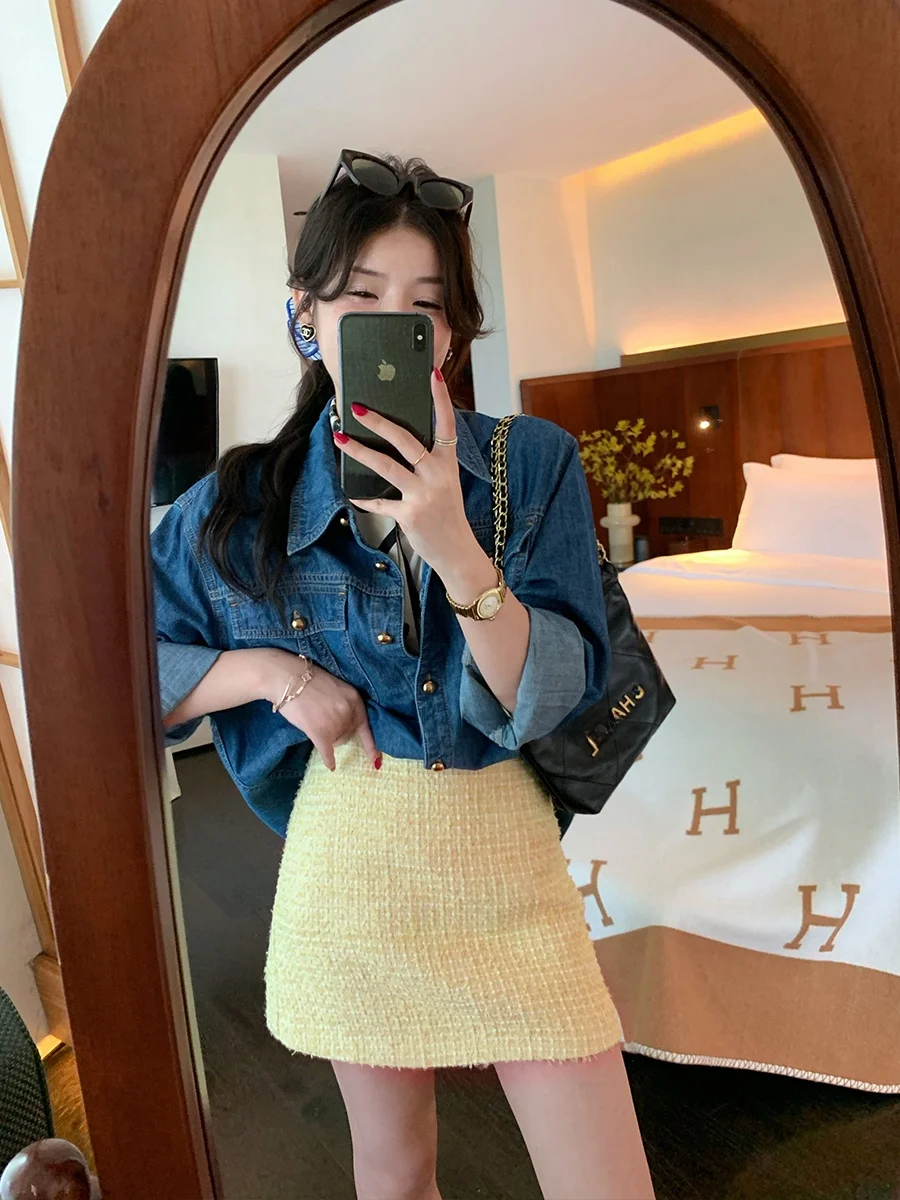 

MUKOK Retro Treasure 00% Cotton Blue Denim irt Jaet Women's Layering irt Spring New Sle Korean Loose Fit Long Sve