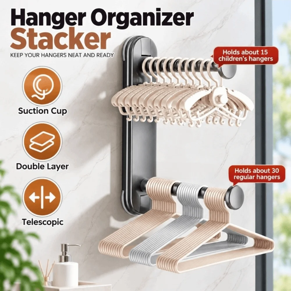 Suction Cup Hanger Organizer Stacker Telescopic Double Layer Clothes Hanger Storage Space Saving Non Punching