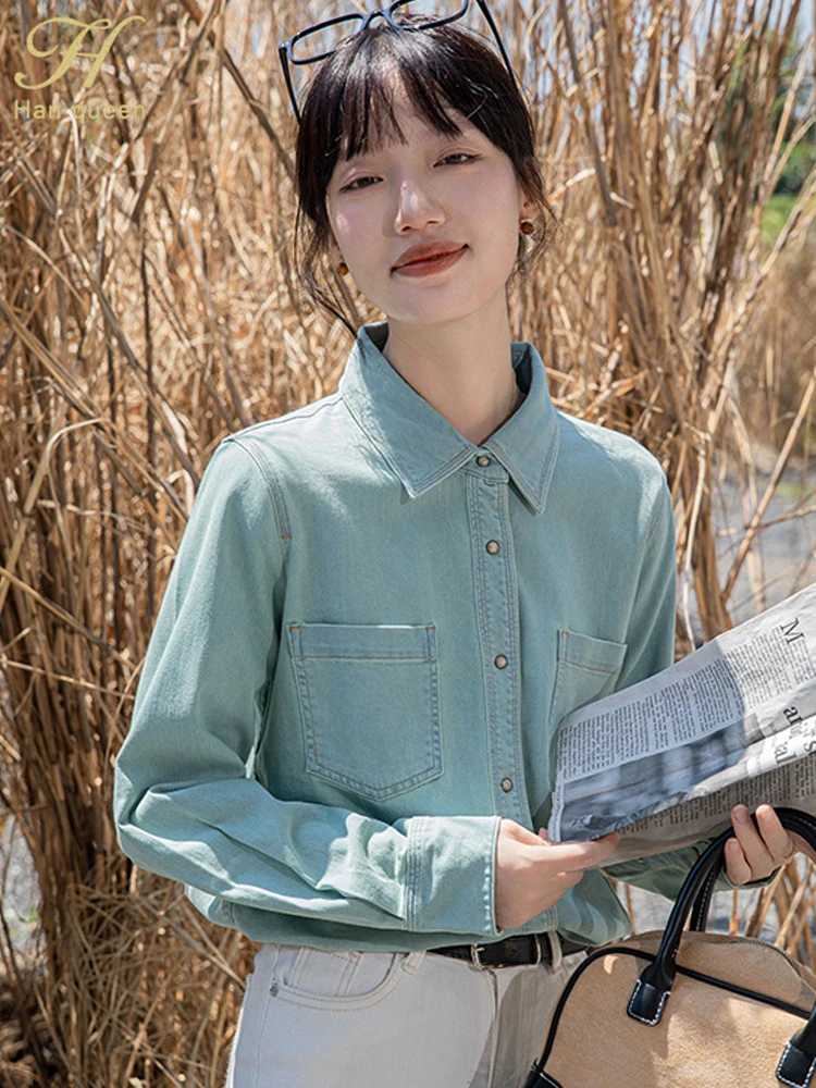 

H Han Queen 2025 Autumn Winter Pocket Korean Popular Clothes Vintage Denim Tops Women's Long Sleeve Blouses Work Casual Shirts