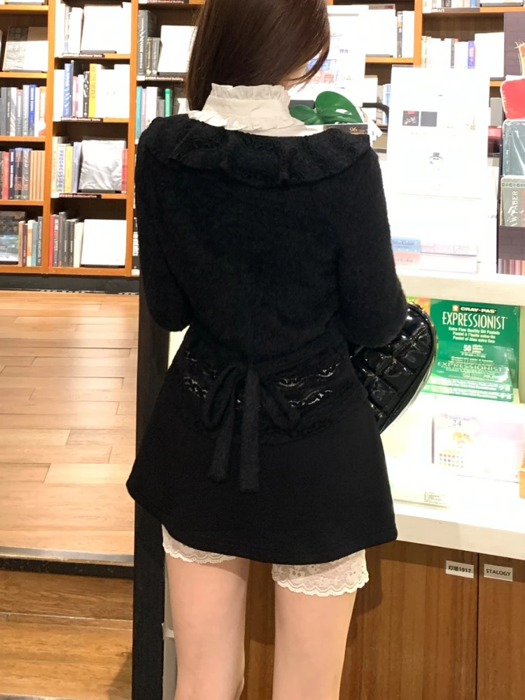 DEEPTOWN Japanese Gothic Knitted Cardigan Women Y2k Harajuku Long Sleeve White Shirt V-neck Hollowed Out Sexy Black Cardigan Top
