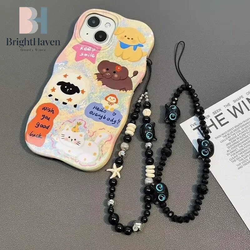 Black Mobile Phone Lanyard Cartoon Cat Anti Lost Rope Wrist Strap Bead Bracelet Design Plush Car Keychain Bag Accessory B.H