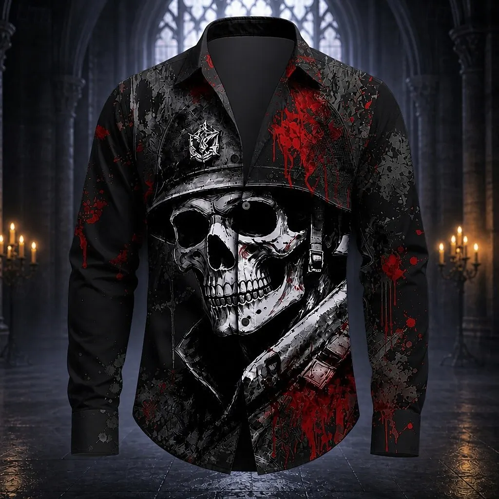 Men 3D Print Long Sleeve Shirt Soldier Skull Blood Splash Lapel Button Down Shirt Halloween Horror Casual Unisex Tops