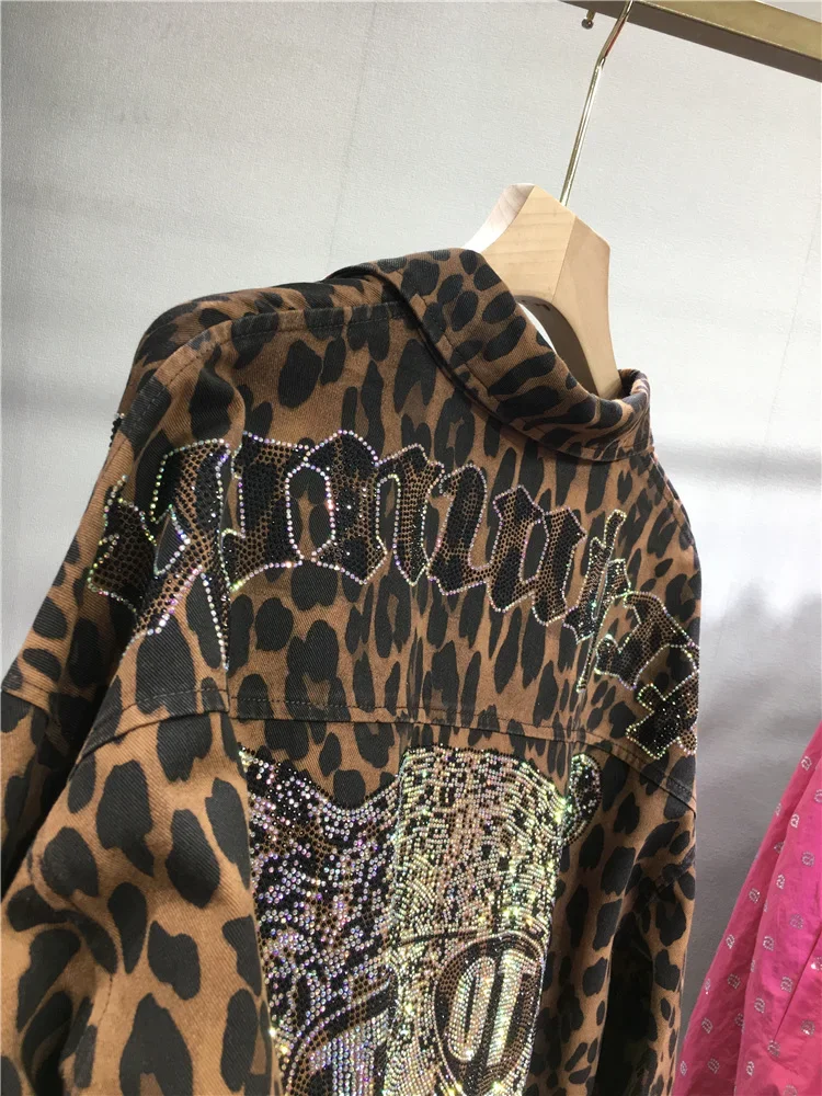 European Goods Heavy Industry Hot Diamond Shirt Women Domineering Tiger Head Leopard Print Cardigan Loose Autumn and Winter Coat