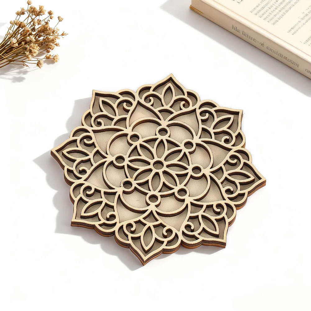Wooden DIY Mandala Floral Rangoli Mat Figurine Miniature Crystal Stone Specimen Display Tray Compartments Plate Decorative Board