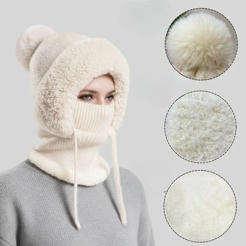 Knit All-in-One Balaclava with Pom Pom & Ear Flap – Fleece Lined Winter Hat with Attached Mask, Warm Thermal Cap