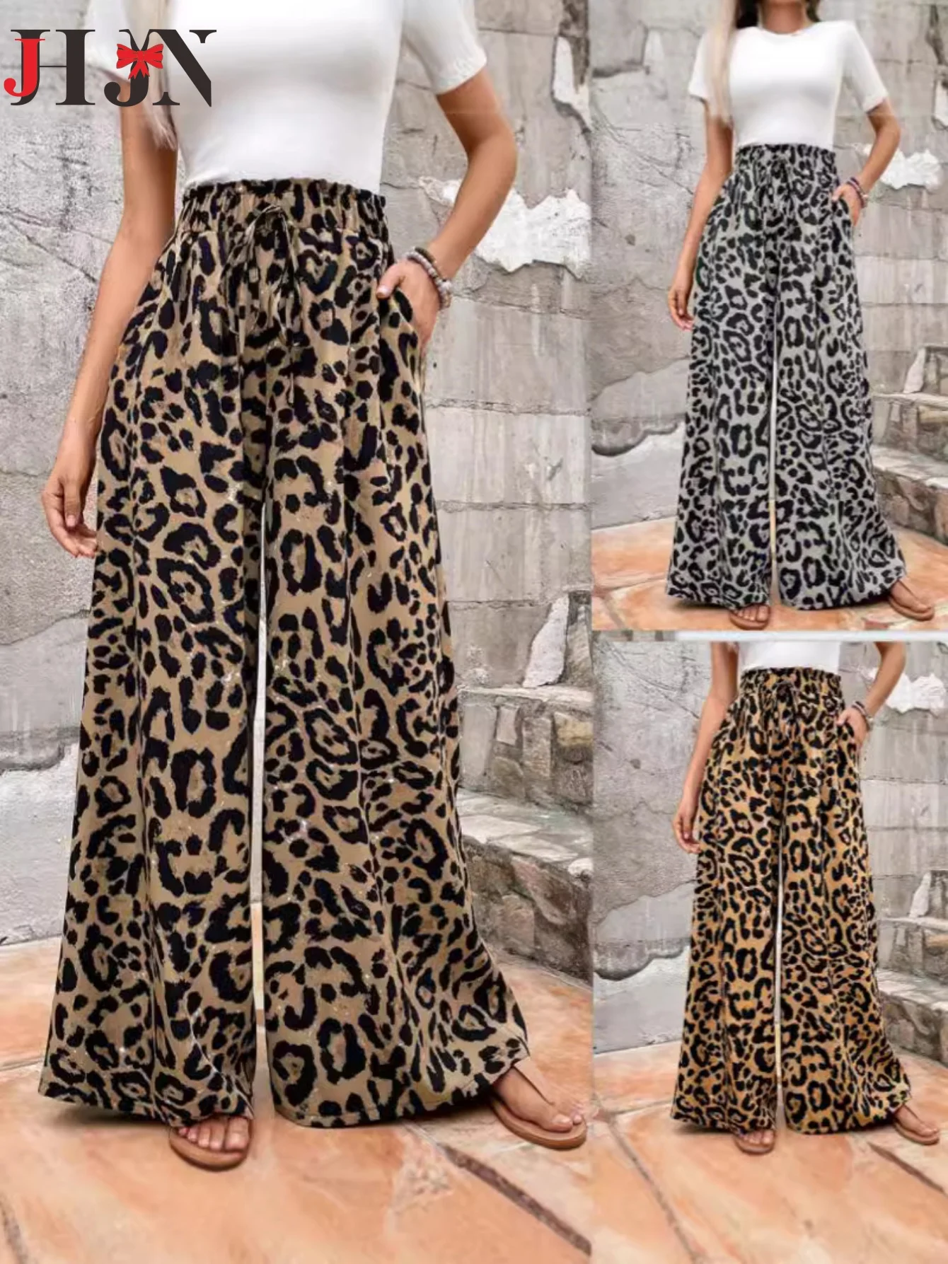 Pantalones de mujer con estampado de leopardo, pantalones holgados informales con cintura elástica, pantalones de pierna ancha, nuevo estilo de otoño