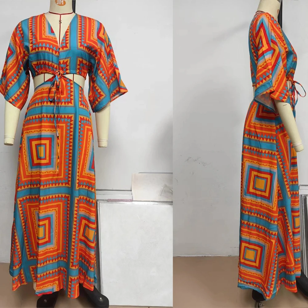 Primavera Verano elegante estampado Maxi vestidos para mujeres Sexy cintura recubrimiento recorte encaje hasta limo vestidos largos playa vacaciones vestido veraniego