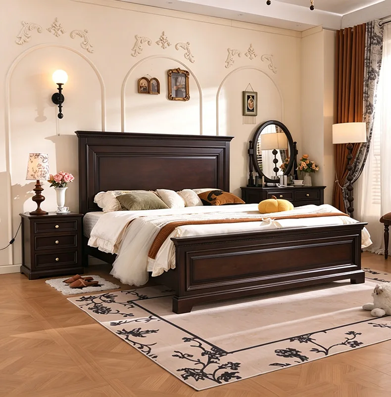 HYS medieval style solid wood bed American country double bed storage wedding bed high-end household new Chinese