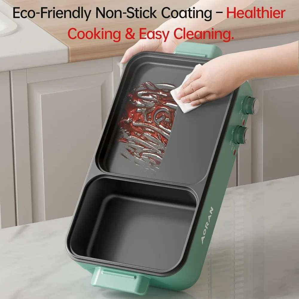 グリル付き電気鍋、韓国バーベキュー、しゃぶしゃぶ、麺類用の2-in-1屋内ノンスティックポット、デュアル温度制御、クイック