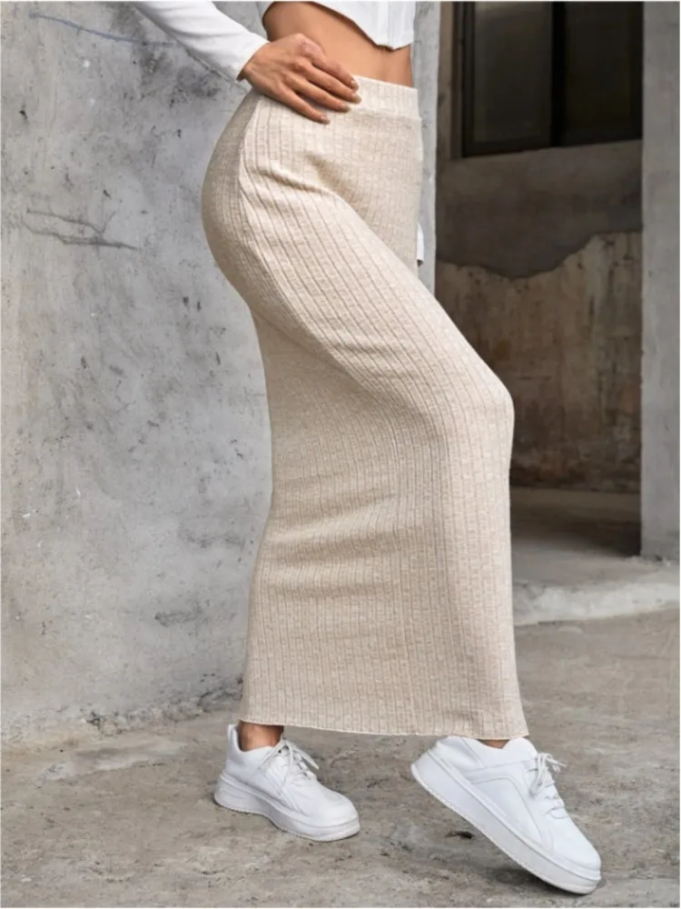 Autumn New Office Ladies Long Ribbed Skirt Women Casual Elastic Waist Slim Fit Knitting Skirt Elegant Bodycon Vestidos Female