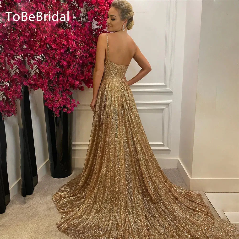 Glitter Gold Prom Dress Spaghetti Straps Corest Backless A-Line Formal Party Dress Luxurious Women's Evening Dresses Customized