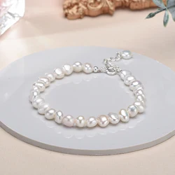 5-6mm White Stretch Cultured Freshwater Baroque Pearl Bracelet for Women Gift Wife Girls Mother, 925 Sterling Silver Bracelets