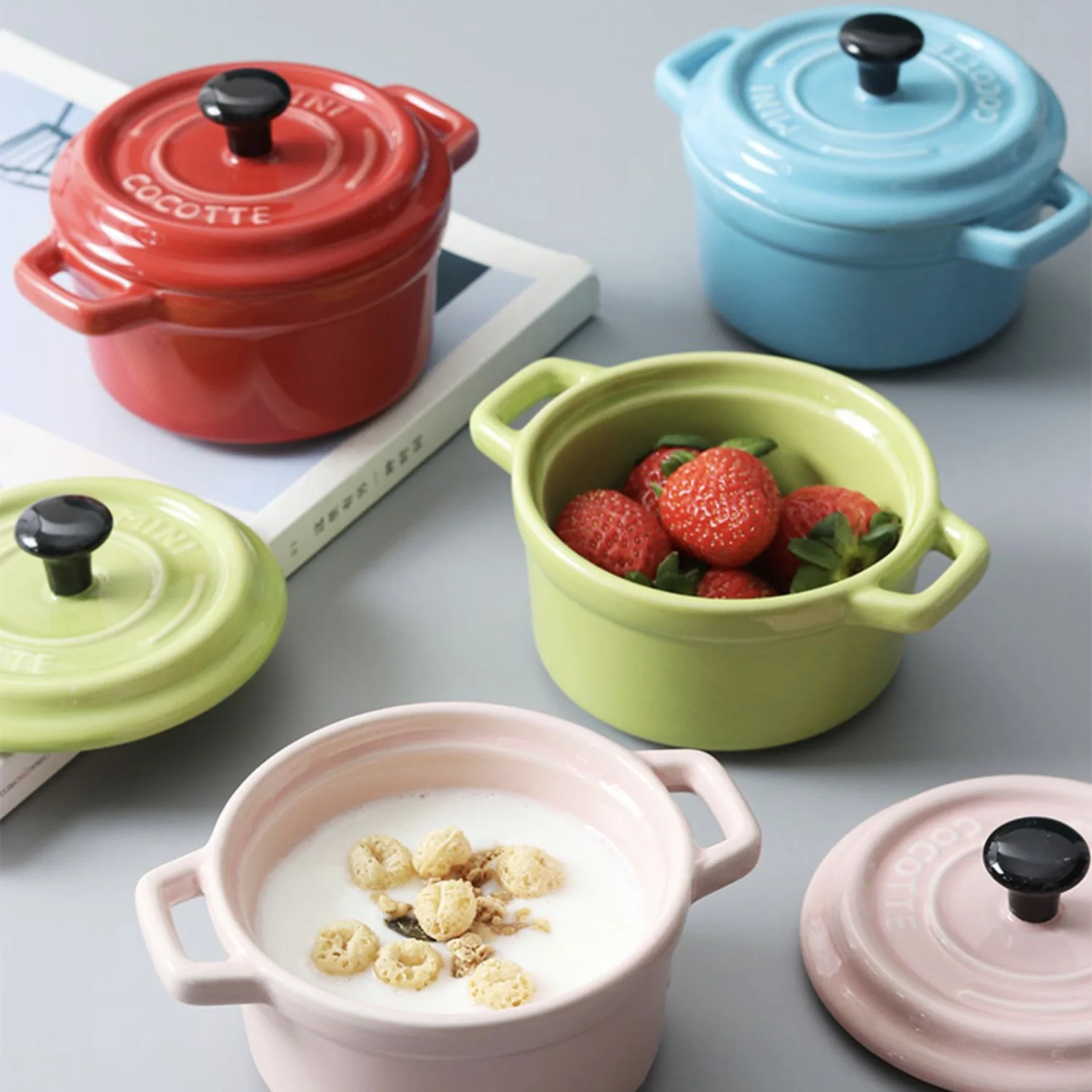 

Ceramic double-handle soup bowl, steaming bowl, egg steaming bowl with lid, oven for baking, soufflé baking dish