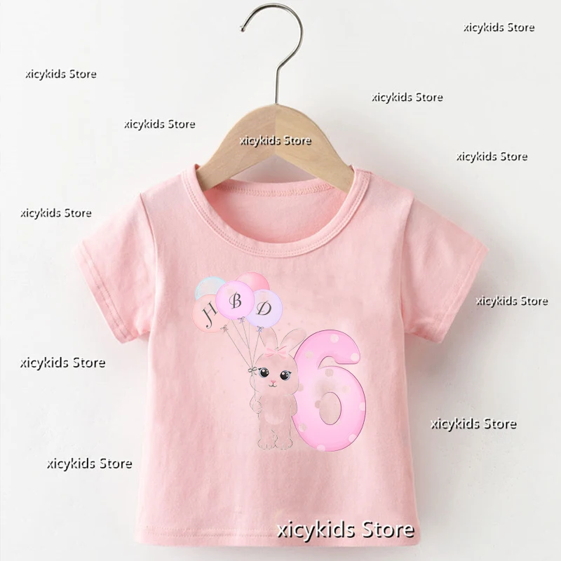 2023 Fashion Girls T-Shirt uroczy balon Bunny numer urodzinowy 1-9 th urodziny prezent ubrania dla dzieci Tshirt dziewczyny różowe koszulki