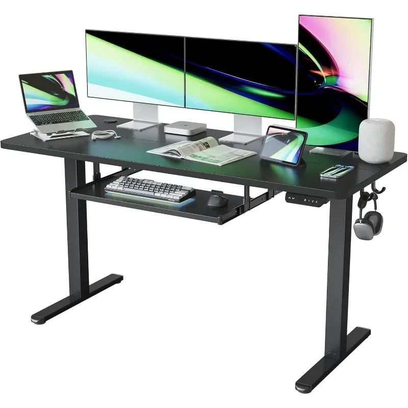 

Desk with Keyboard Tray, 63 × 24 Inches Electric Height Adjustable Desk, Sit Stand Up Desk, Computer Office Desk, Black